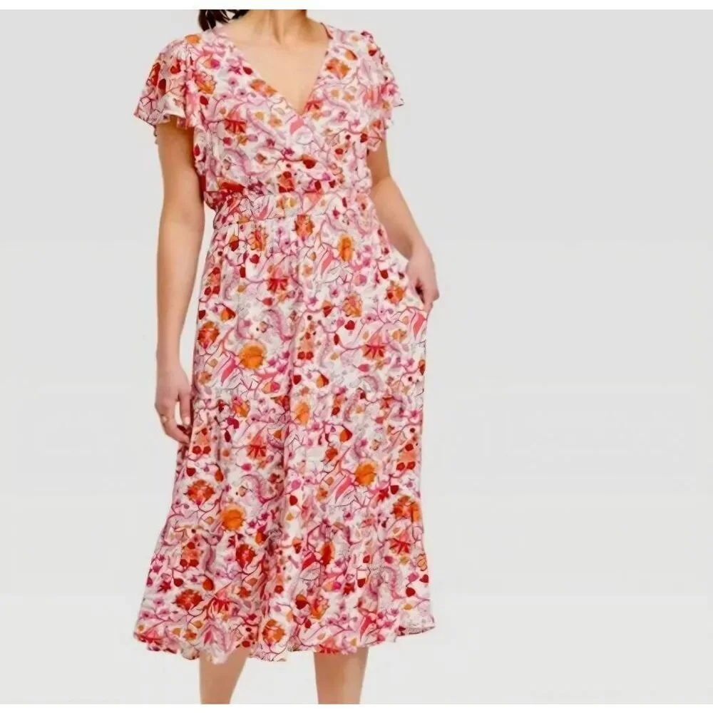 Knox Rose Dress Women's Medium Floral Flutter Sleeve Midi Faux Wrap Boho